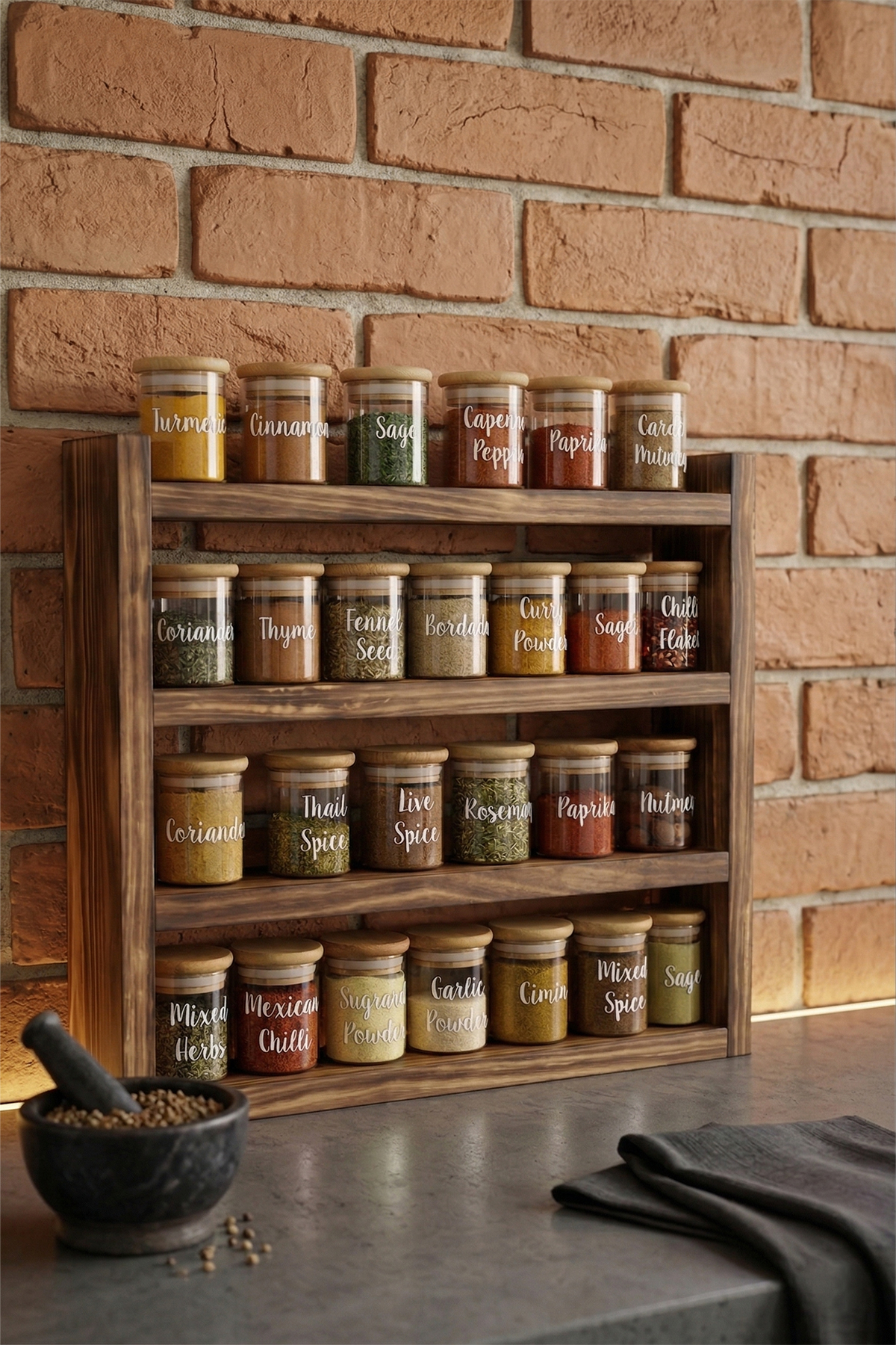 Doğal Çam Ağacı Tezgah Üstü Düzenleyici & Baharatlık Standı (Derinlik 8 cm)