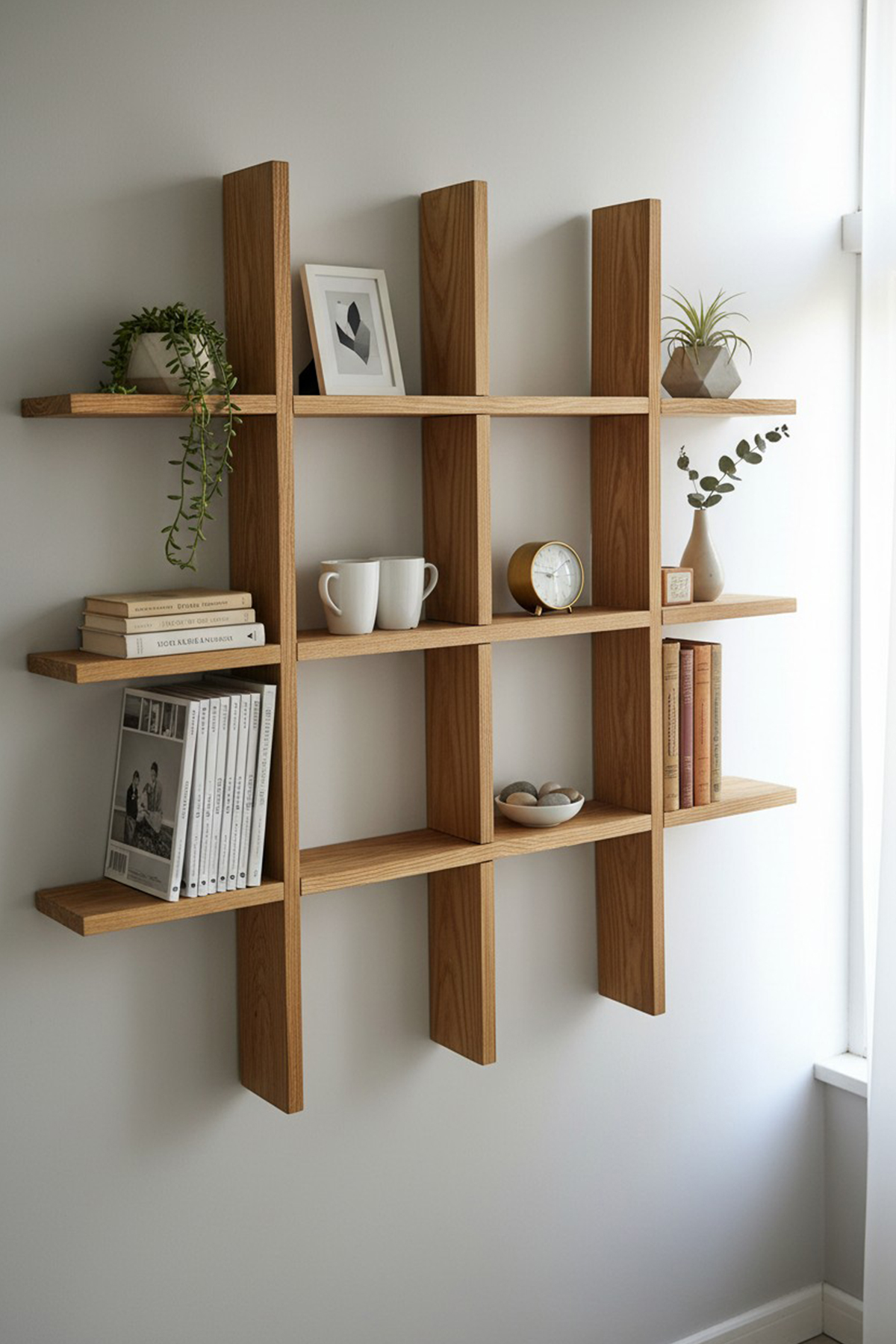 Dekoratif Çok Gözlü Doğal Çam Ağacı Duvar Rafı (Ledsiz)