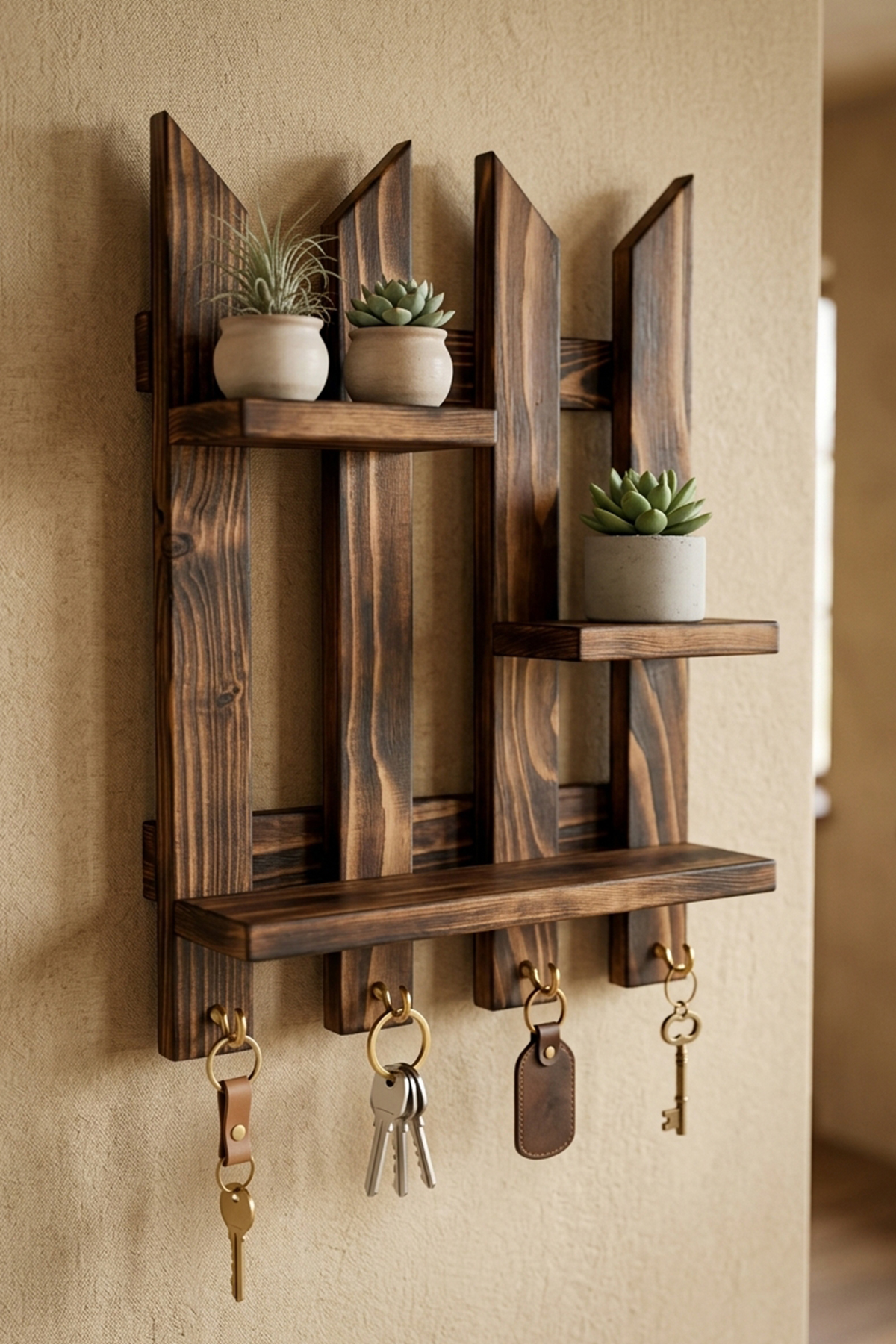 Dekoratif Çit Anahtarlık Doğal Çam Ağacı 4 Kancalı (Yükseklik 45 cm X Genişlik 35 cm X Derinlik 9 cm)