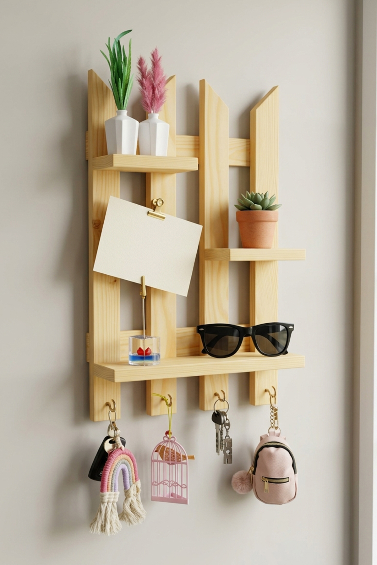 Dekoratif Çit Anahtarlık Doğal Çam Ağacı 4 Kancalı (Yükseklik 45 cm X Genişlik 35 cm X Derinlik 9 cm)