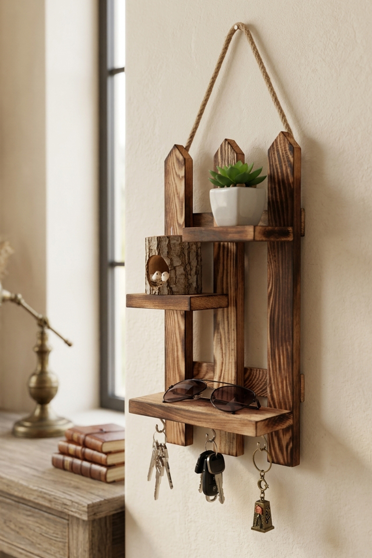 Dekoratif Çit Anahtarlık Doğal Çam Ağacı 3 Kancalı (Yükseklik 40 cm X Genişlik 25 cm X Derinlik 9 cm)