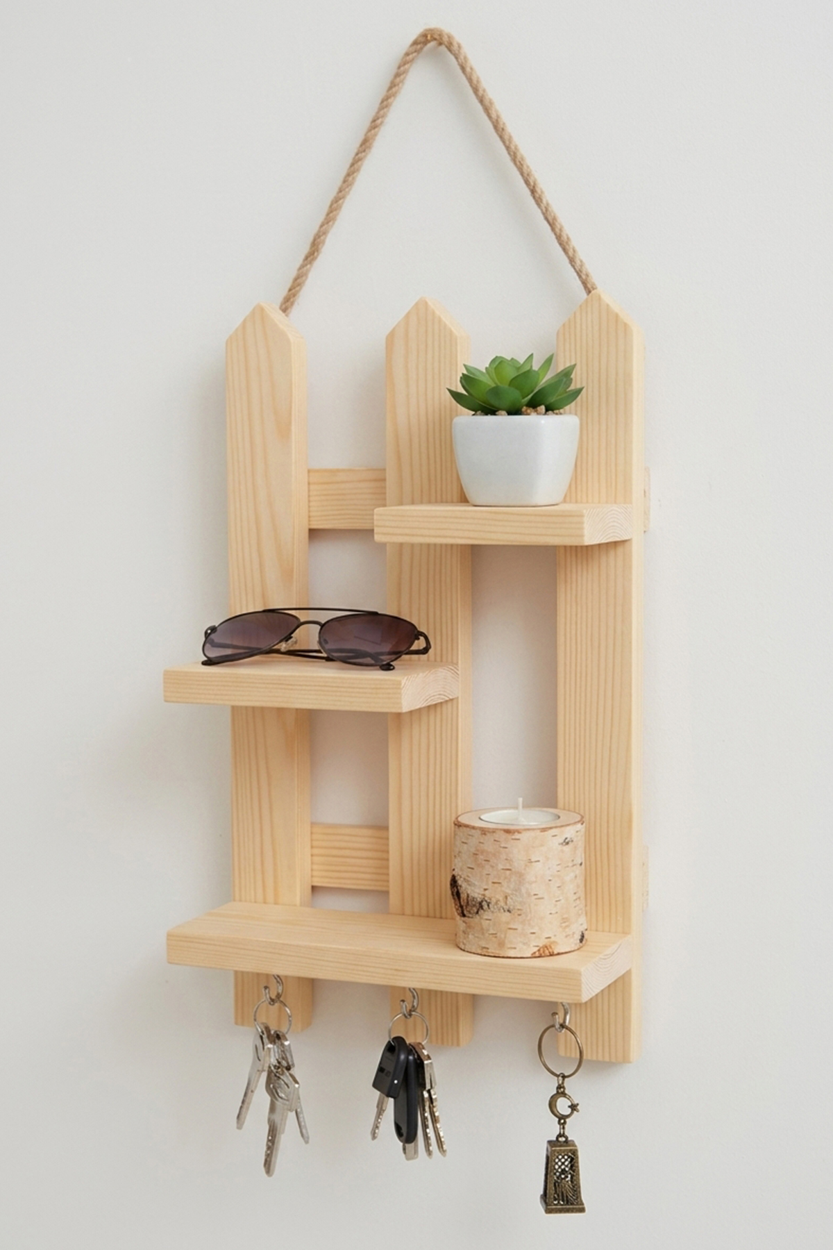 Dekoratif Çit Anahtarlık Doğal Çam Ağacı 3 Kancalı (Yükseklik 40 cm X Genişlik 25 cm X Derinlik 9 cm)