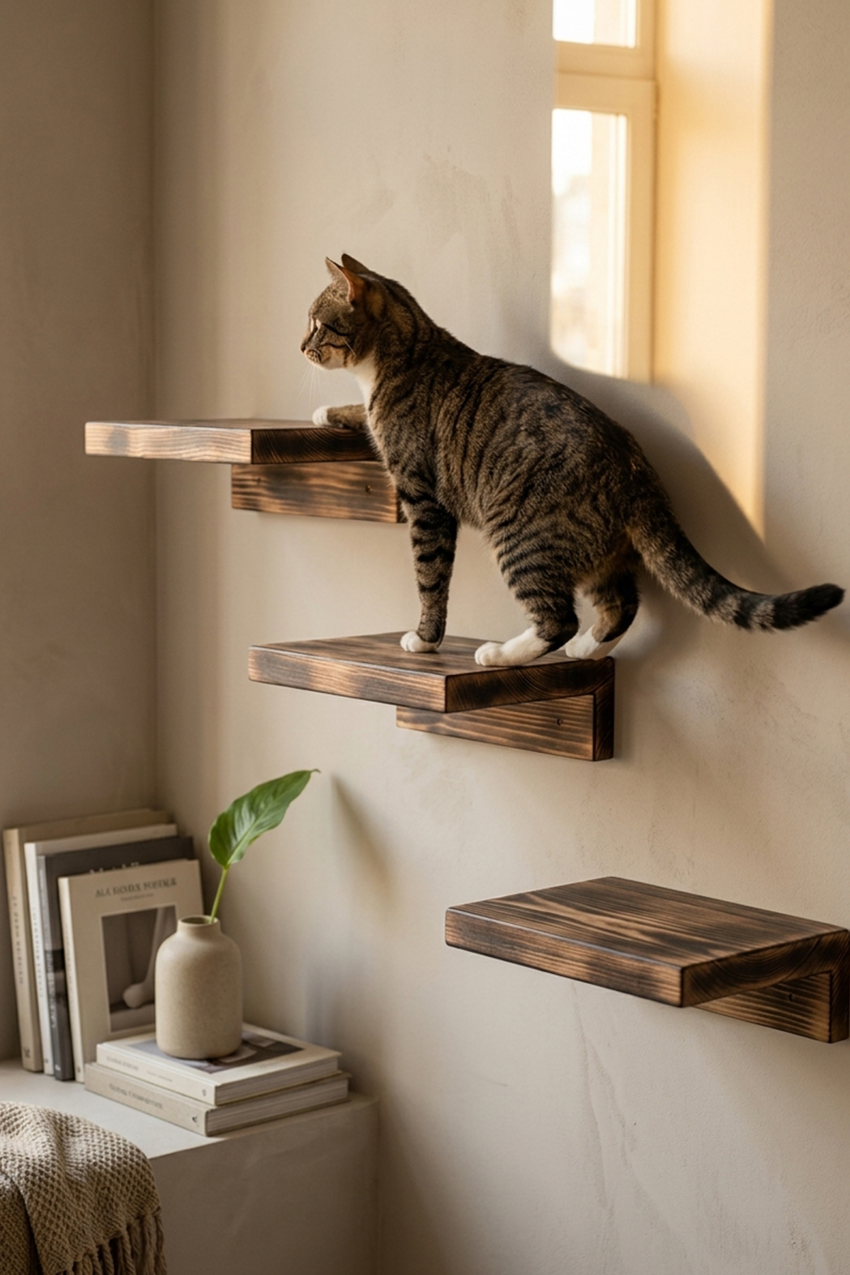 Doğal Çam Ağacı 3'lü Kedi Tırmanma Duvar Rafı (Derinlik 17 cm X Genişlik 30 cm)