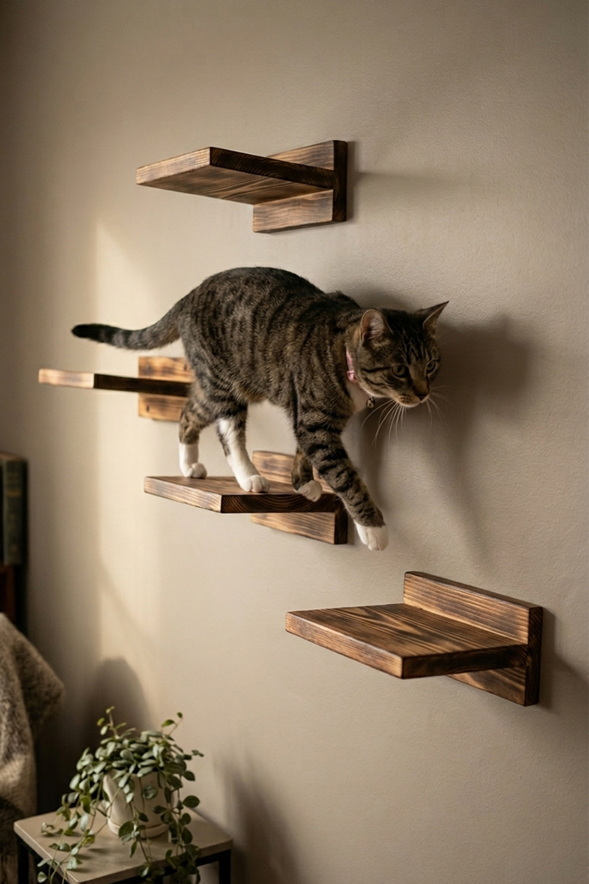 Doğal Çam Ağacı 3'lü Kedi Tırmanma Duvar Rafı (Derinlik 17 cm X Genişlik 30 cm)