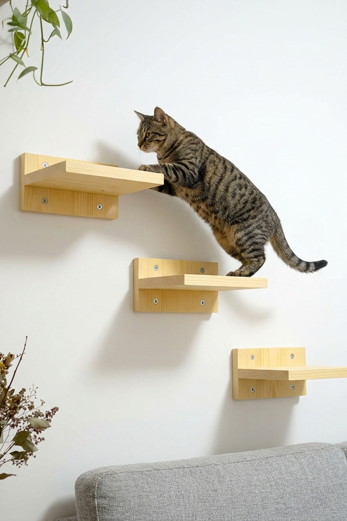 Doğal Çam Ağacı 3'lü Kedi Tırmanma Duvar Rafı (Derinlik 17 cm X Genişlik 30 cm)