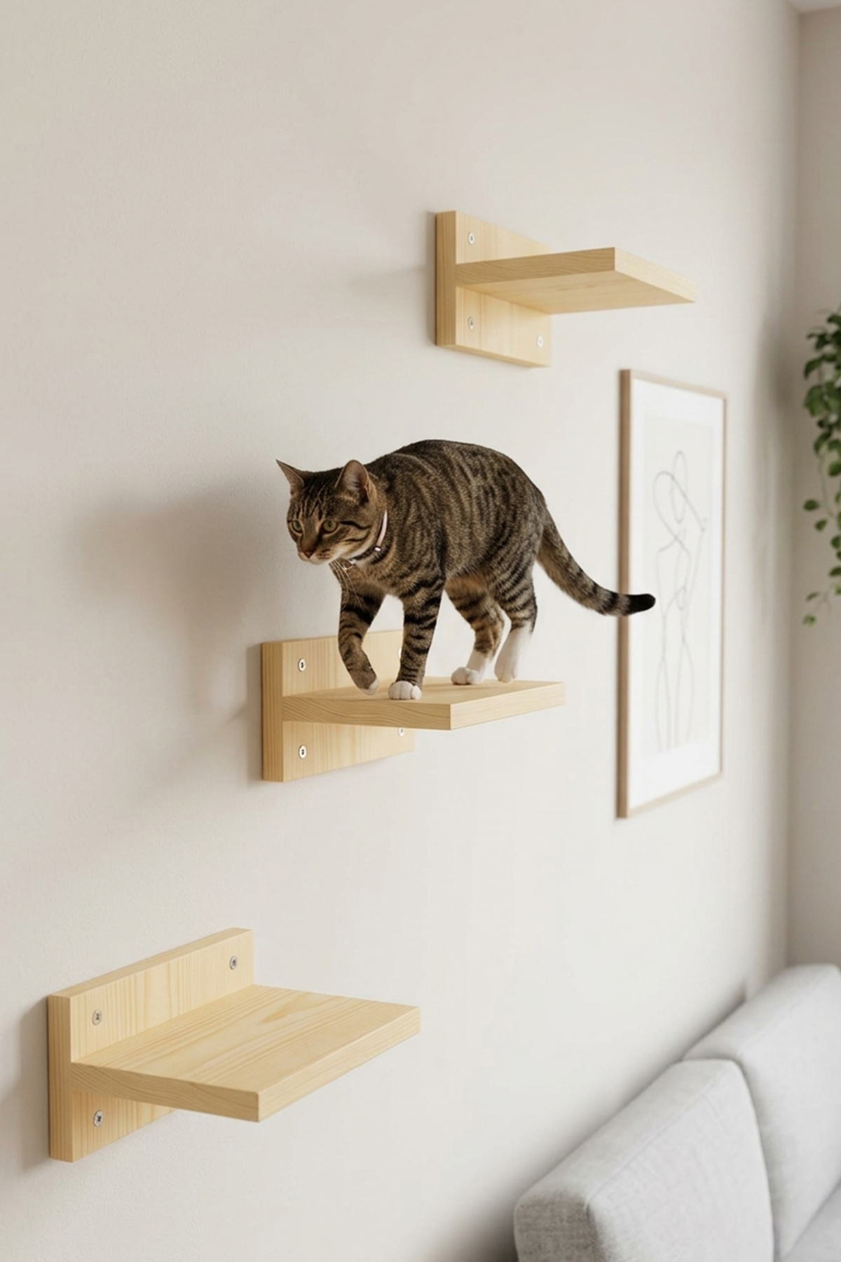 Doğal Çam Ağacı 3'lü Kedi Tırmanma Duvar Rafı (Derinlik 17 cm X Genişlik 30 cm)